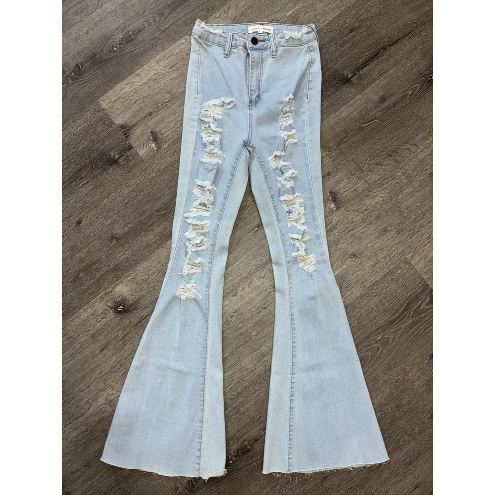 Almost Famous Womens Distressed High Rise Flare Jeans Light Wash Blue Size 3